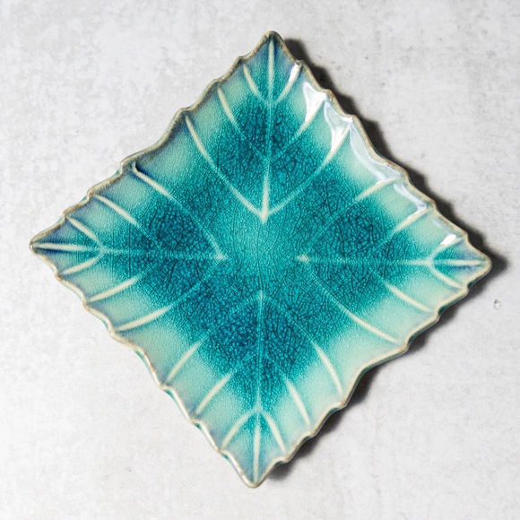 Kotobuki blue green square leaf trinket dish plate vintage made in Japan - Picture 1 of 4